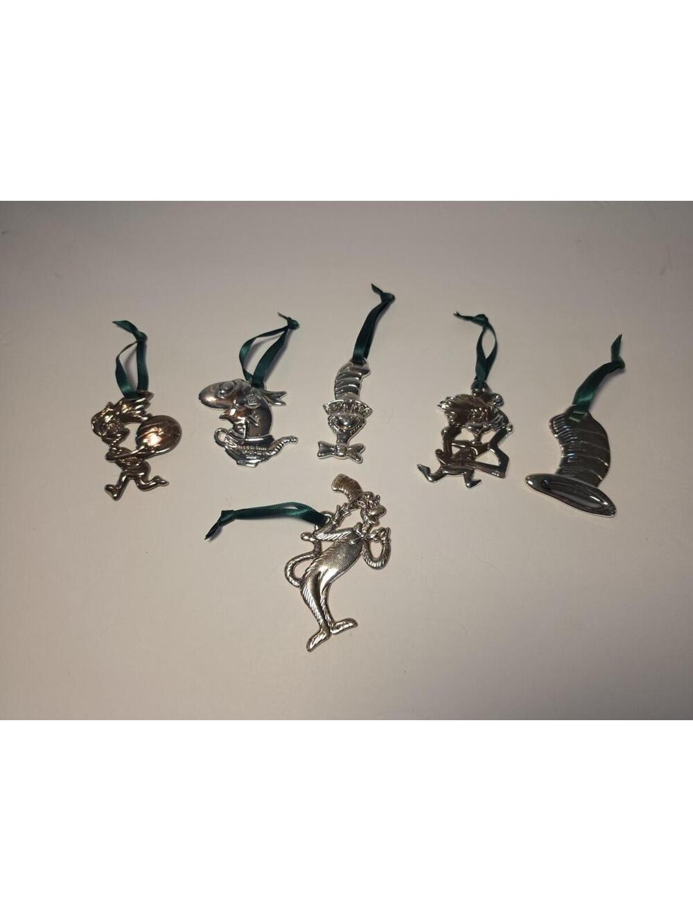 6 Dr. Seuss Cat in the Hat Christmas Ornaments Silver Metal Hanging Has Hallmark